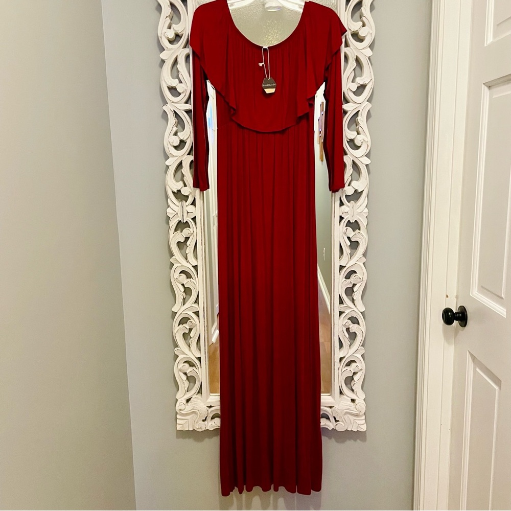 PinkBlush Maternity Burgundy Solid Off Shoulder Ruffle Maxi Dress